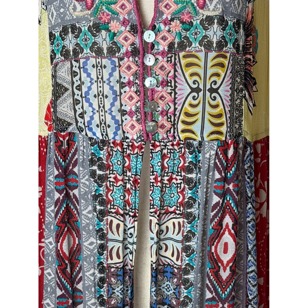 John Mark Duster Kimono Women Medium Yellow Floral Patchwork Embroidered Boho - Picture 11 of 14